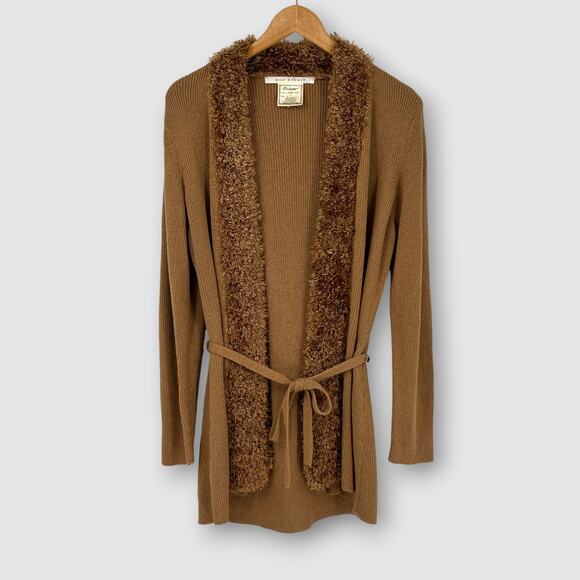 Y2k Max Studio Brown Knit Cardigan with Faux Fur Trim Belted Robe Sweater XL - Picture 1 of 5